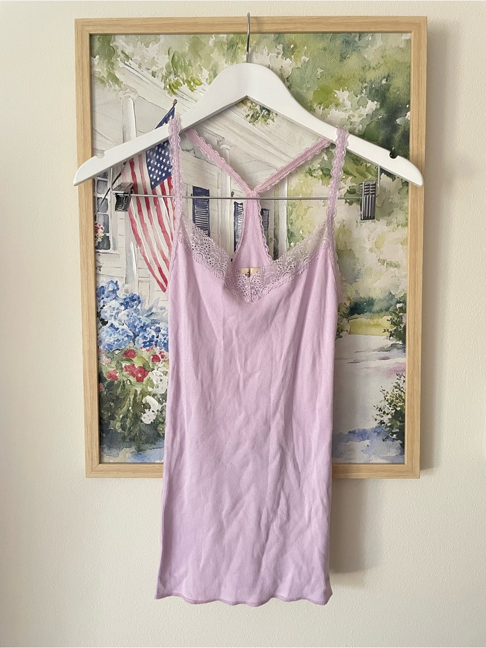 Hollister Vintage Y2K Lace Trim Ribbed Cami Tank Top Small Lilac Racerback